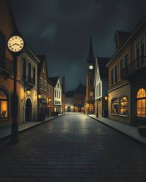 Discover a captivating image of an empty town square, rendered in a dramatic chiaroscuro style.  Ticking clocks add to the se
