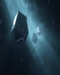 High-resolution stock photo featuring glitched geometric shapes floating in cyberspace.  The image evokes a matrix vibe with 