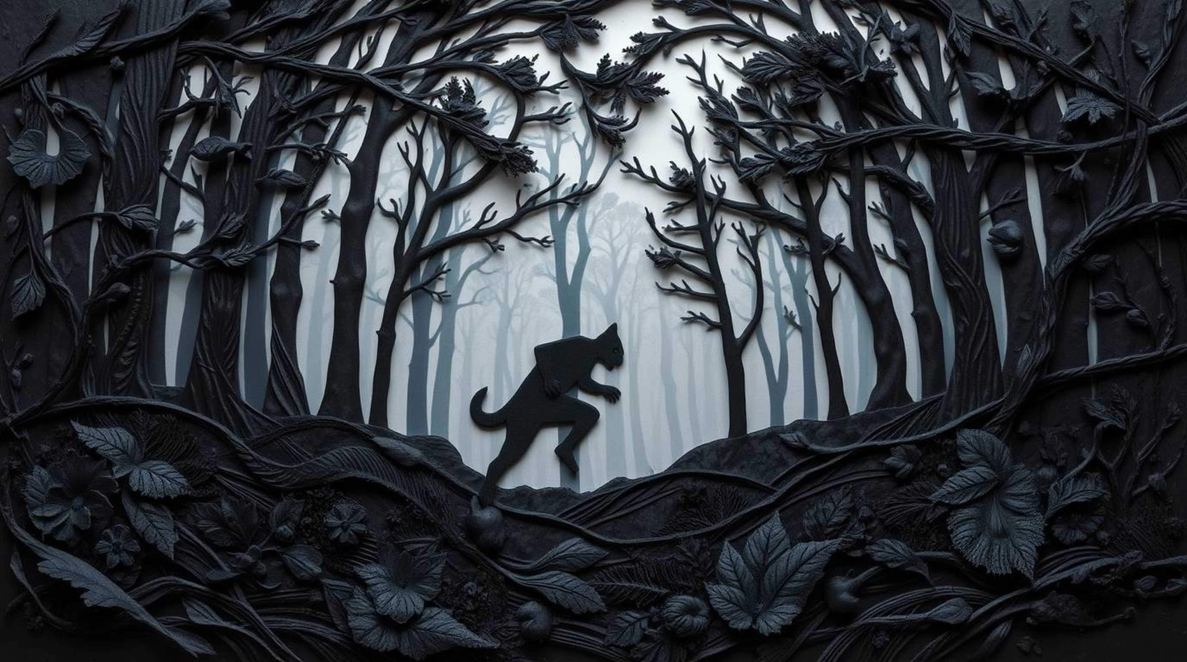 Experience the intense drama of a jet-black papier-mâché artwork depicting a chase scene through a looping forest.  The piece