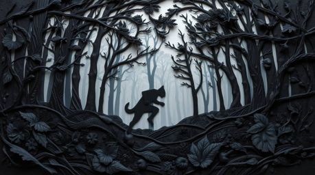 Experience the intense drama of a jet-black papier-mâché artwork depicting a chase scene through a looping forest.  The piece