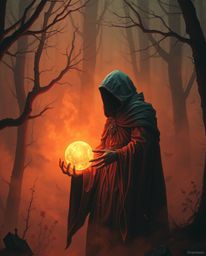 Experience a dreamlike scene featuring a cloaked figure in a misty forest, illuminated by a glowing orb. The warm tones of re
