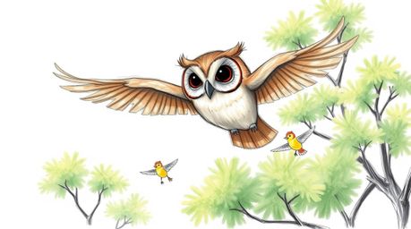 A captivating hand-drawn sketch in Pixar style depicts a blind owl with large, expressive eyes and soft brown feathers gracef
