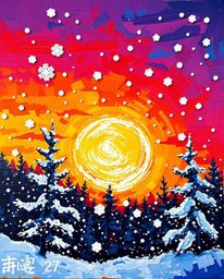 A bold acrylic painting vividly captures the scene of snowflakes falling during a vibrant sunset. This artwork is defined by 