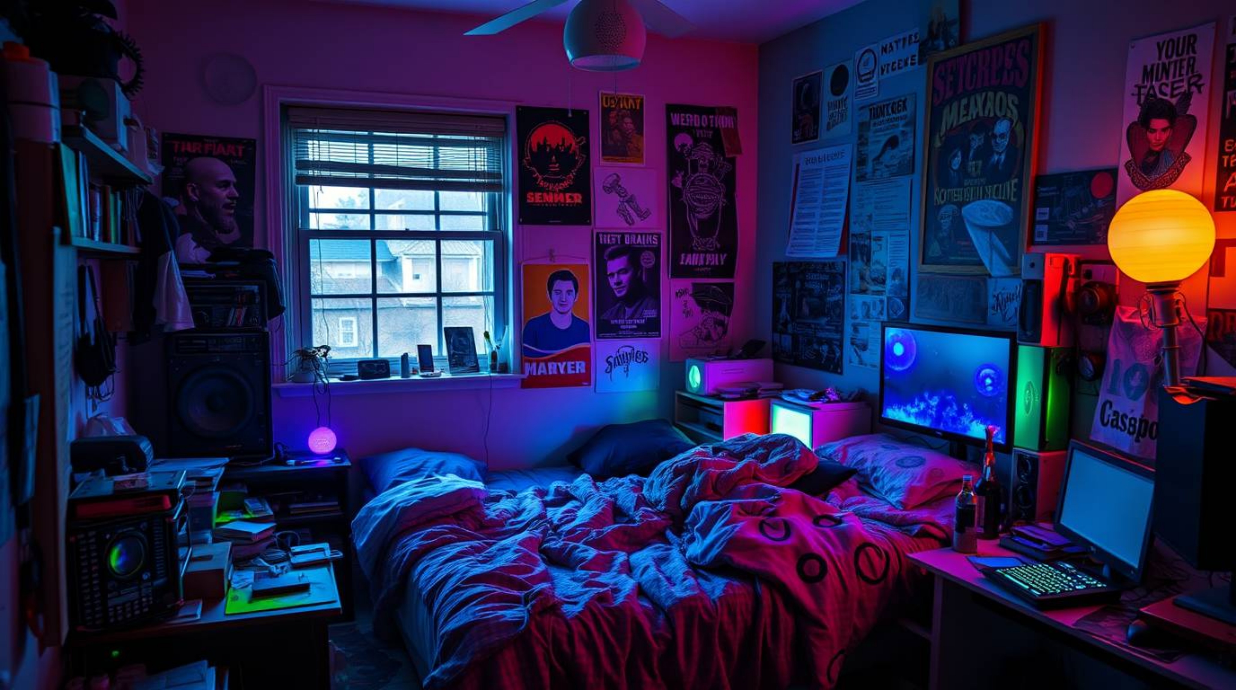 Imagine a messy bedroom overflowing with curious gadgets and eye-catching posters, bathed in the ethereal glow of bioluminesc