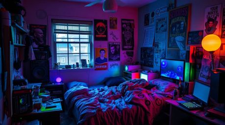 Imagine a messy bedroom overflowing with curious gadgets and eye-catching posters, bathed in the ethereal glow of bioluminesc
