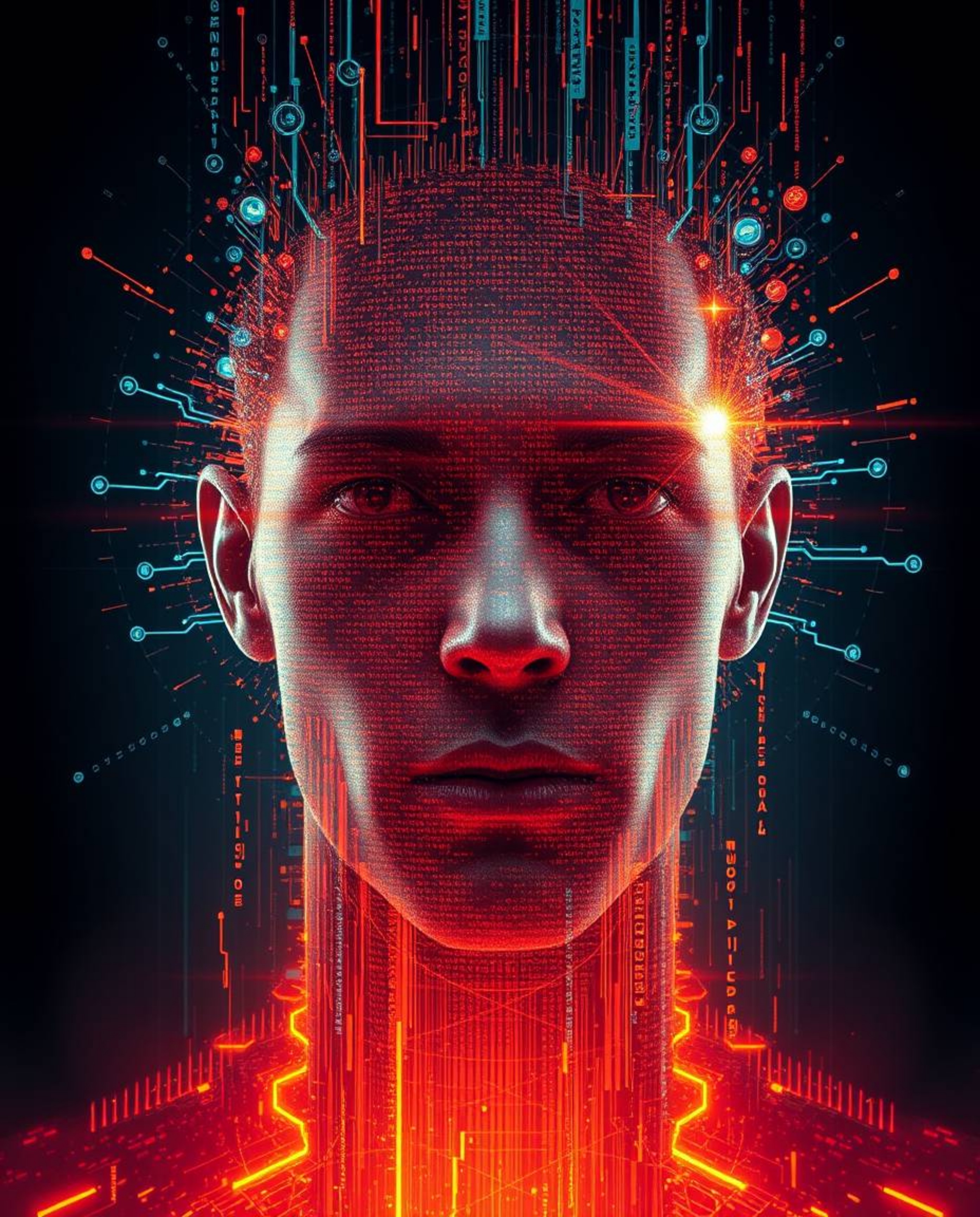 Experience a breathtaking digital transformation as a human face dissolves into a vibrant data stream, punctuated by a mesmer