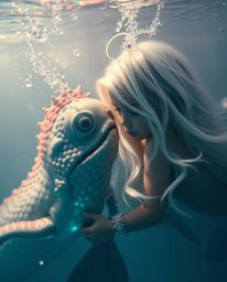 A captivating image depicting a gentle interaction between a sea creature with iridescent scales and a child with flowing whi