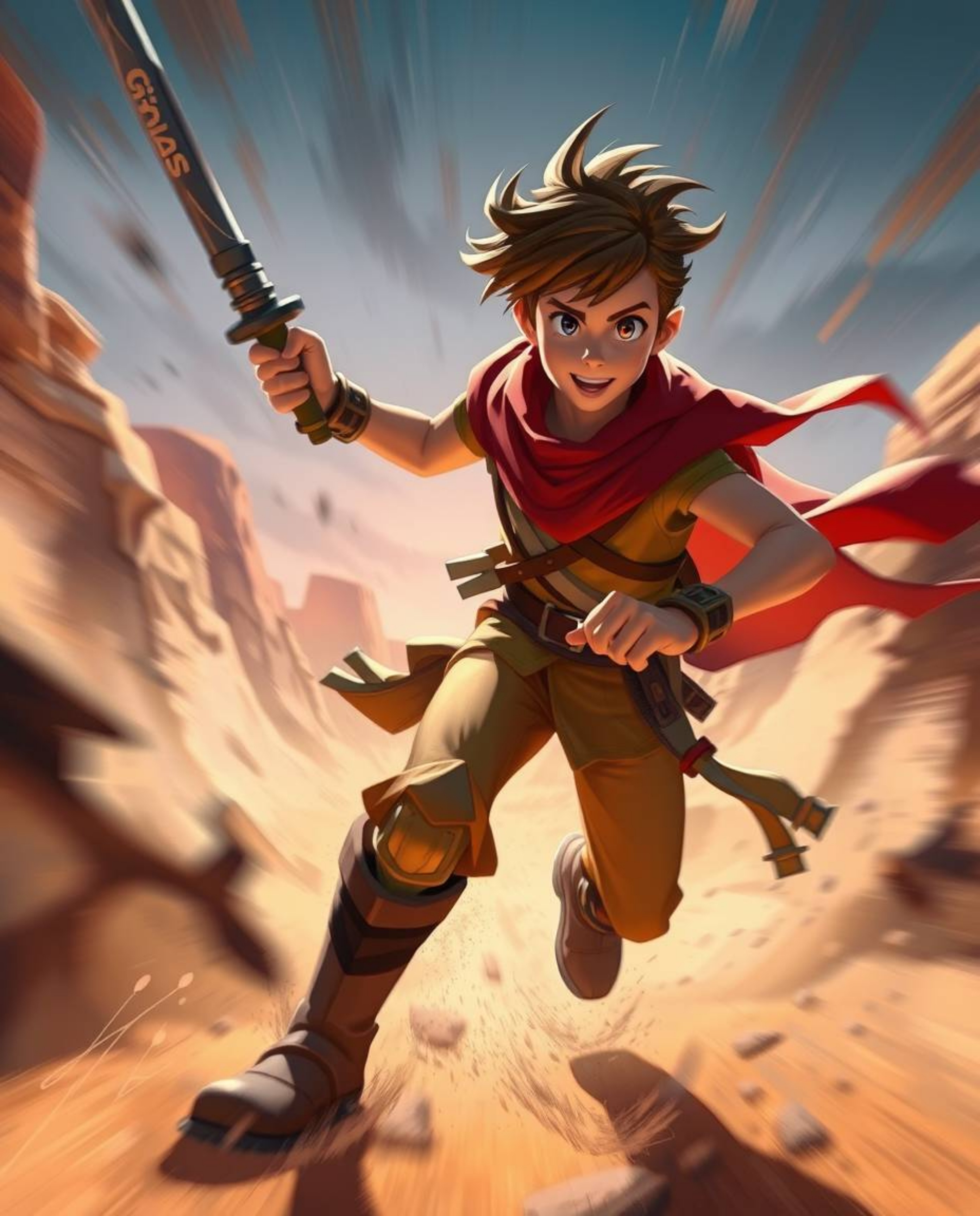 Experience a vibrant and action-packed Disney-style desert adventure featuring a brave hero. This captivating artwork showca