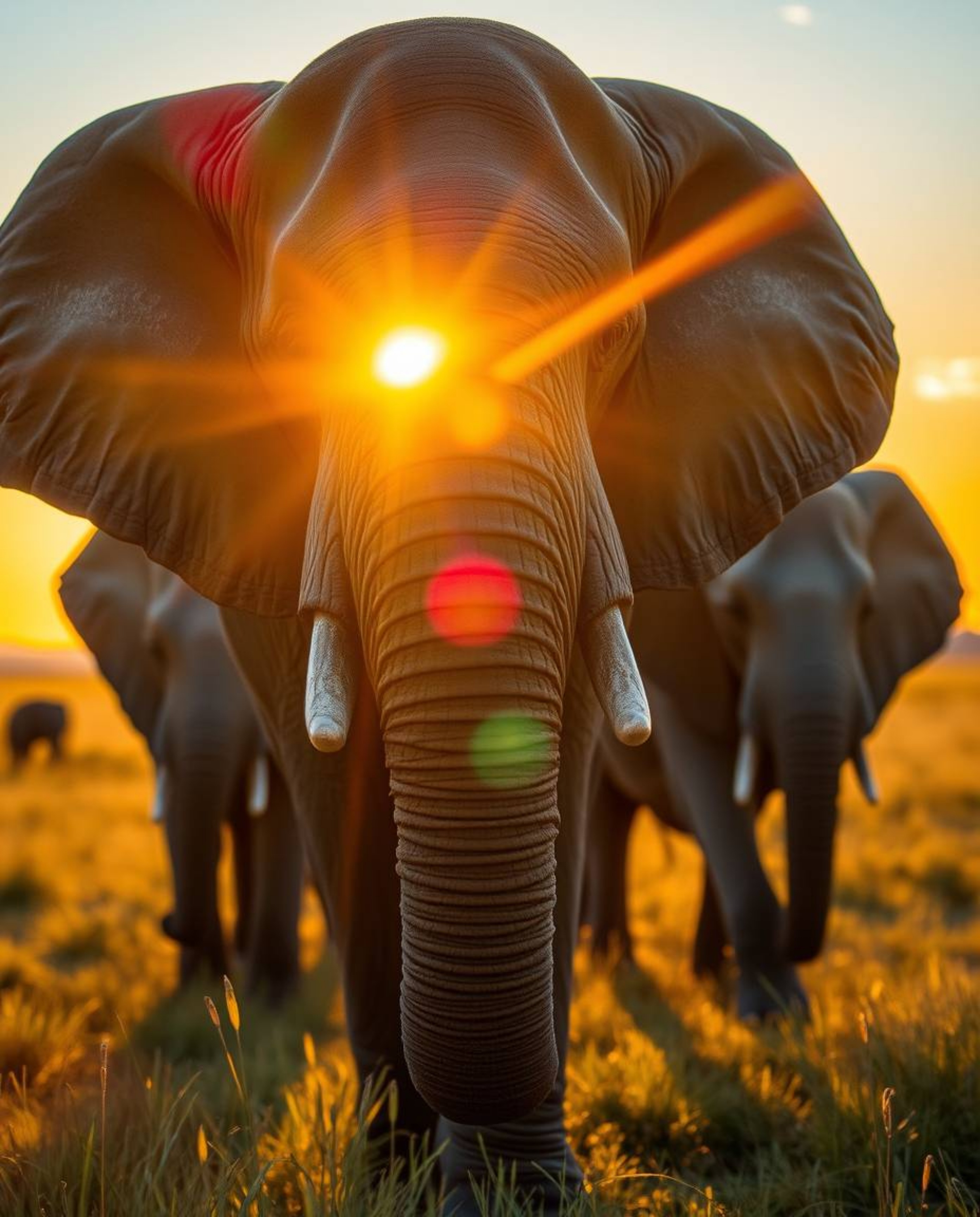 An extreme macro close-up shot of elephants walking across a field at sunset, featuring a bright lens flare, light streaks, v