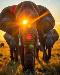 An extreme macro close-up shot of elephants walking across a field at sunset, featuring a bright lens flare, light streaks, v