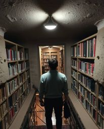Imagine a captivating scene where a person discovers a hidden underground library bathed in soft pastel colors. Strong, hard 