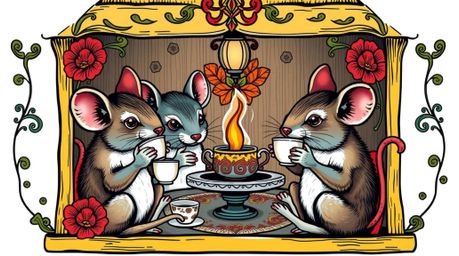 A captivating traditional tattoo-style art print showcasing anthropomorphic mice enjoying tea in a charming cottage.  Rendere