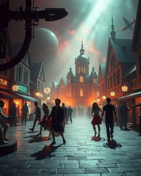 A captivating musical performance unfolds in a vibrant yet unsettling futuristic town square.  The scene blends bright aesthe