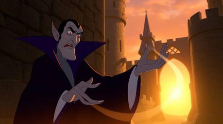 A captivating digital illustration of a classic Disney-esque villain, pale and sharp-featured, casting a spell within an anci