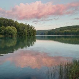 A serene watercolor painting captures the essence of a tranquil lake, featuring soft pastel skies that blend seamlessly with 