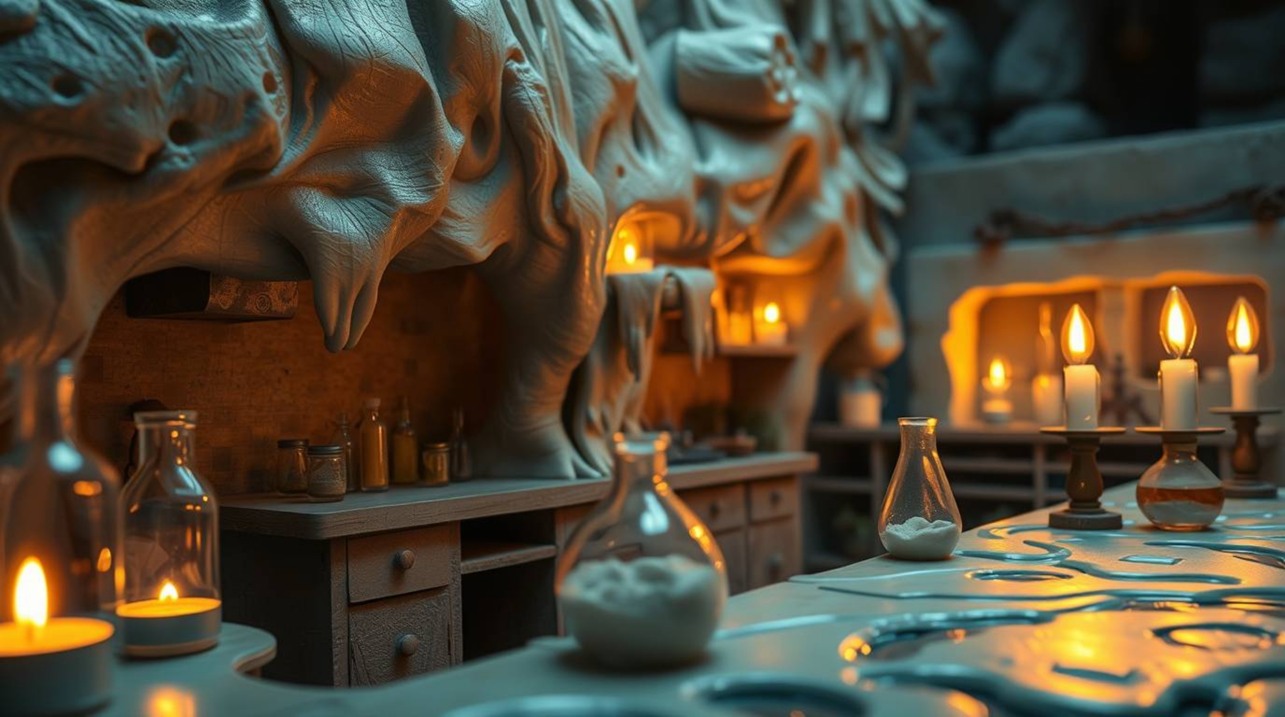 A unique and captivating image showcasing a sculpted, textured papier-mâché slime-covered science lab illuminated by warm can