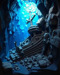 This captivating sculptural clay artwork portrays an underwater shipwreck bathed in iridescent light reflections. The piece s