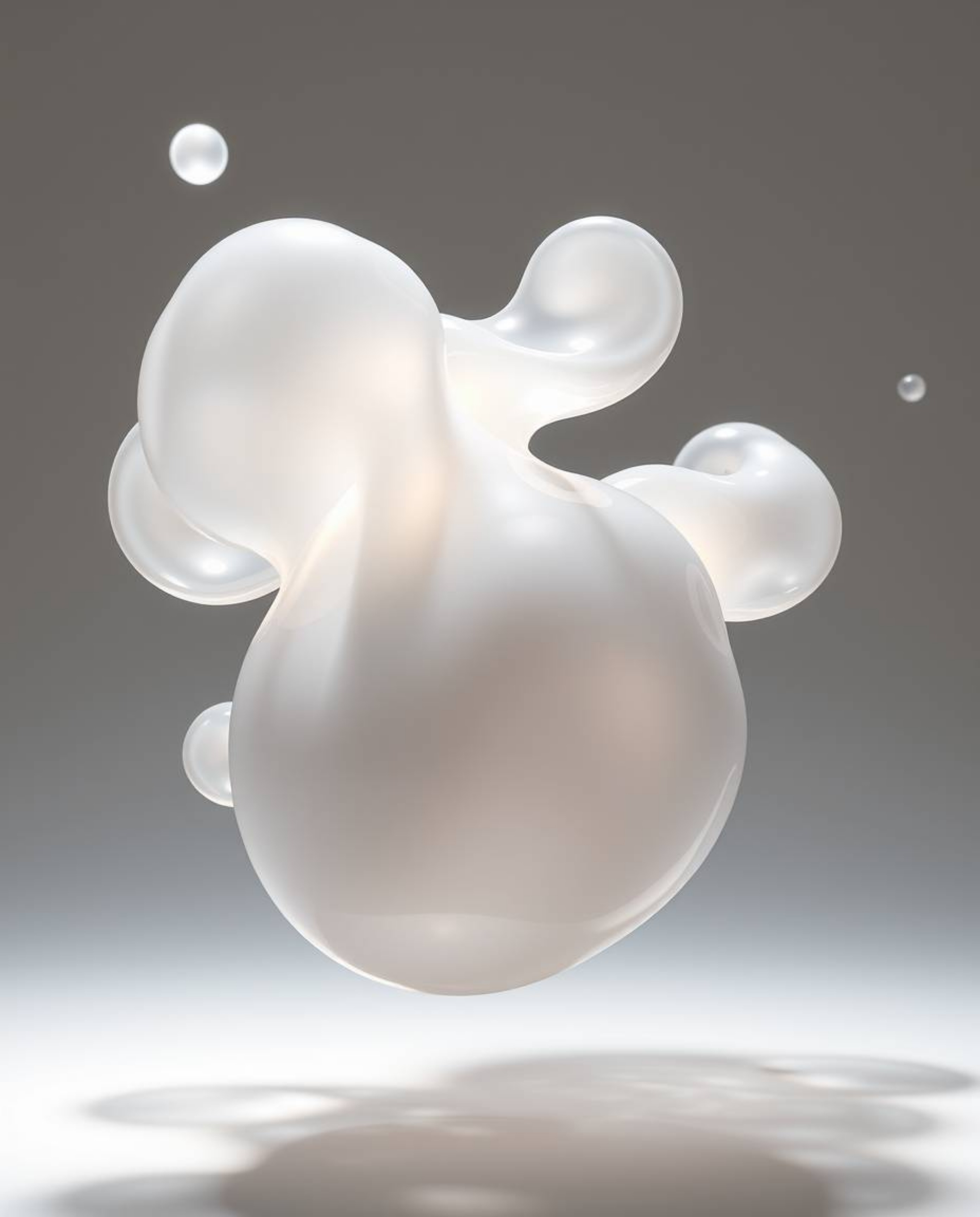 Explore stunning 3D renders featuring translucent fluid organic blobs gracefully floating in space under strong, hard light t