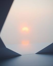 A soft cinematic haze creates a dreamy atmosphere in an image depicting a reflection of a sunset in a glassy fjord. The scene