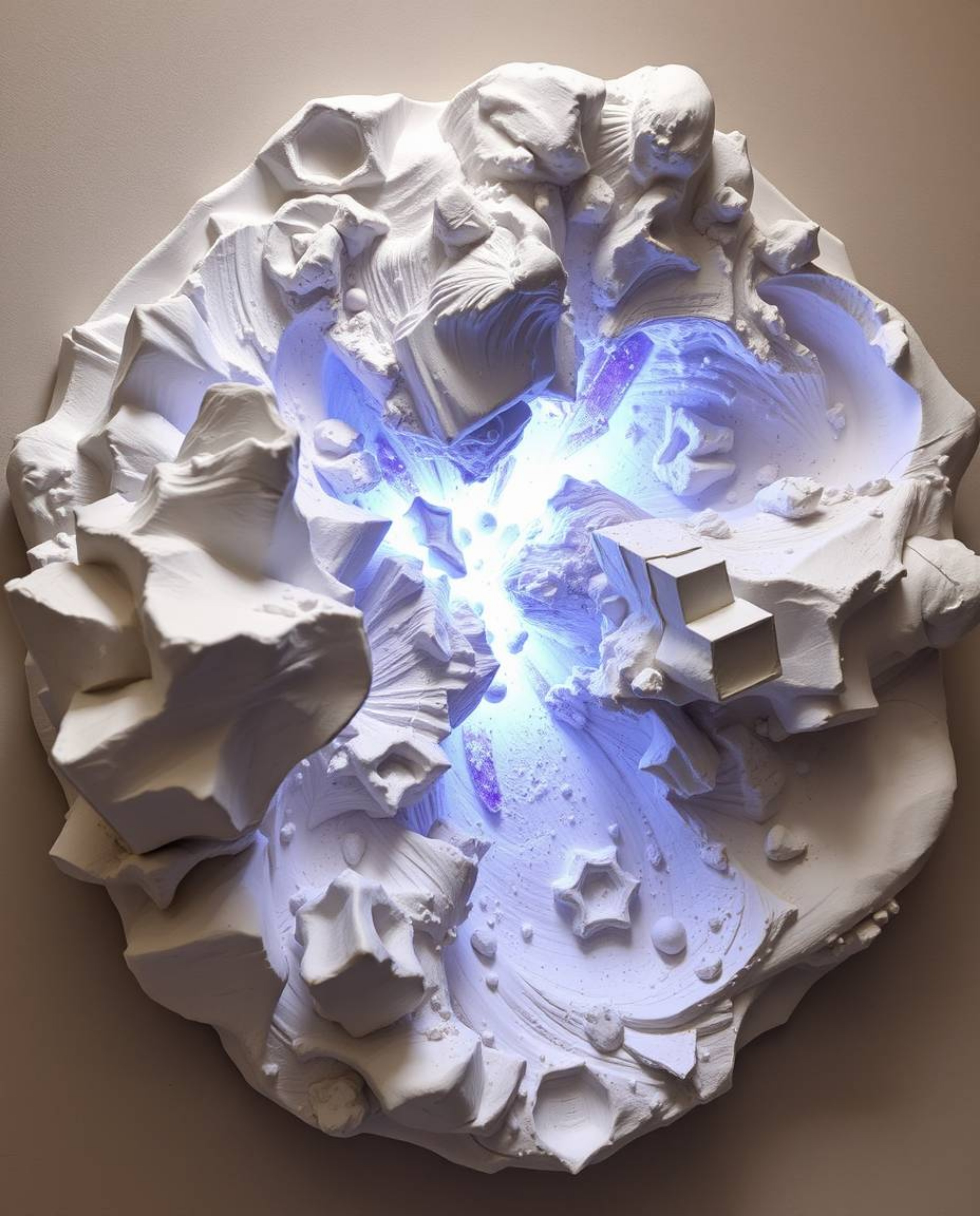 Witness the breathtaking beauty of colliding galaxies captured in a unique sculptural clay art piece. This artwork uses model