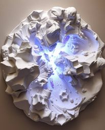 Witness the breathtaking beauty of colliding galaxies captured in a unique sculptural clay art piece. This artwork uses model