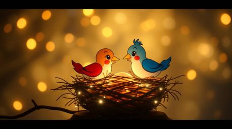 This creative light art piece depicts two cartoon birds diligently building a nest in a classic animation style.  Featuring a