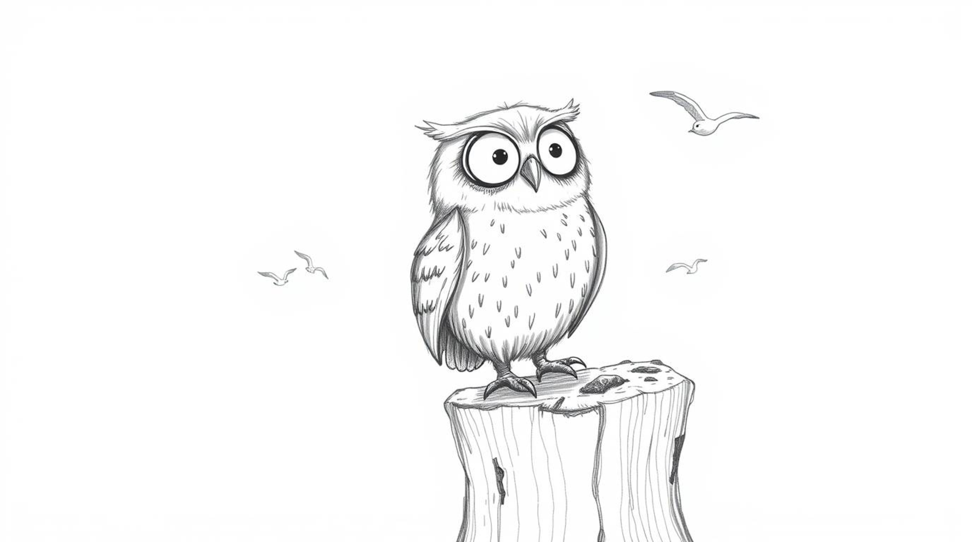 A heartwarming hand-drawn pencil sketch depicts a blind owl, rendered in a charming Pixar style, perched on a tree stump.  Wi