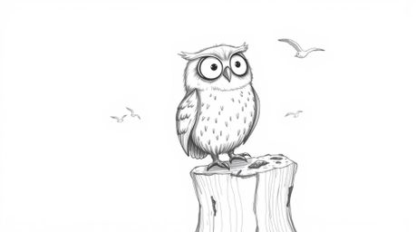 A heartwarming hand-drawn pencil sketch depicts a blind owl, rendered in a charming Pixar style, perched on a tree stump.  Wi