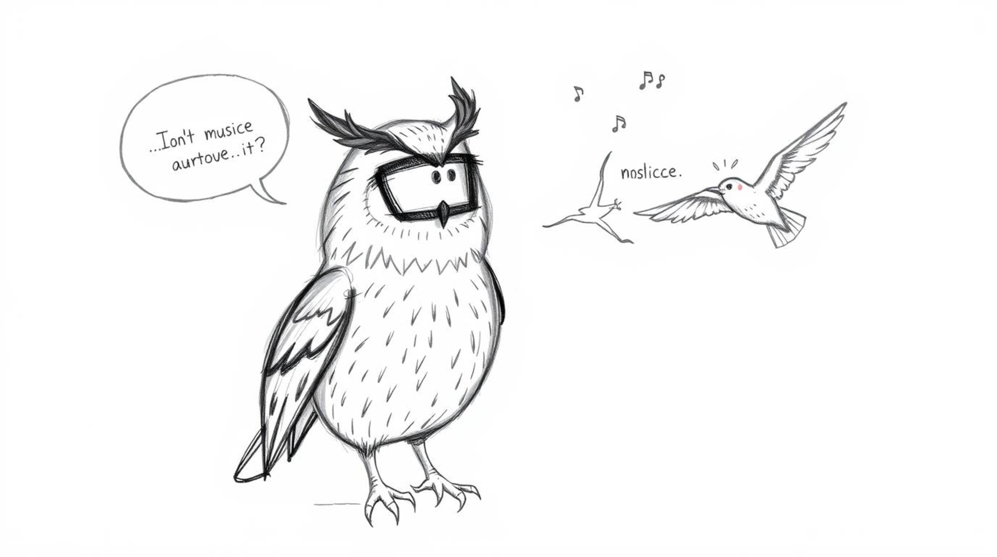 A heartwarming hand-drawn sketch in the style of Pixar showcases a blind owl with distinct textured pencil strokes, guiding b