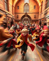 A dynamic image capturing a magical school bustling with young wizards in motion. The scene utilizes blurred lines and action