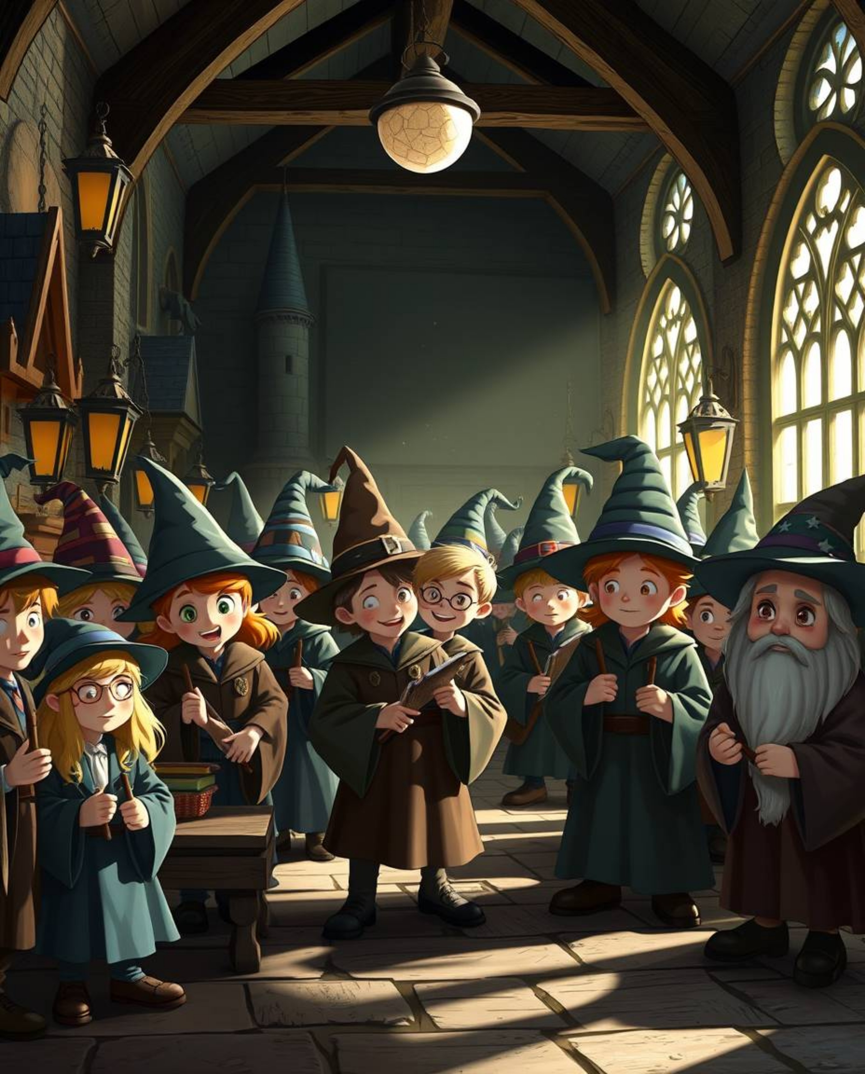 Explore an enchanting magical school brimming with adorable young wizards, brought to life with striking hard light that cast