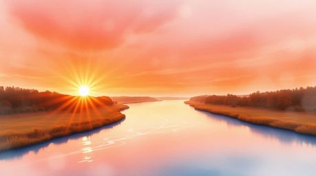 A delicate watercolor painting capturing a winding river that glows under a dramatic orange-pink sky.  The artwork showcases 