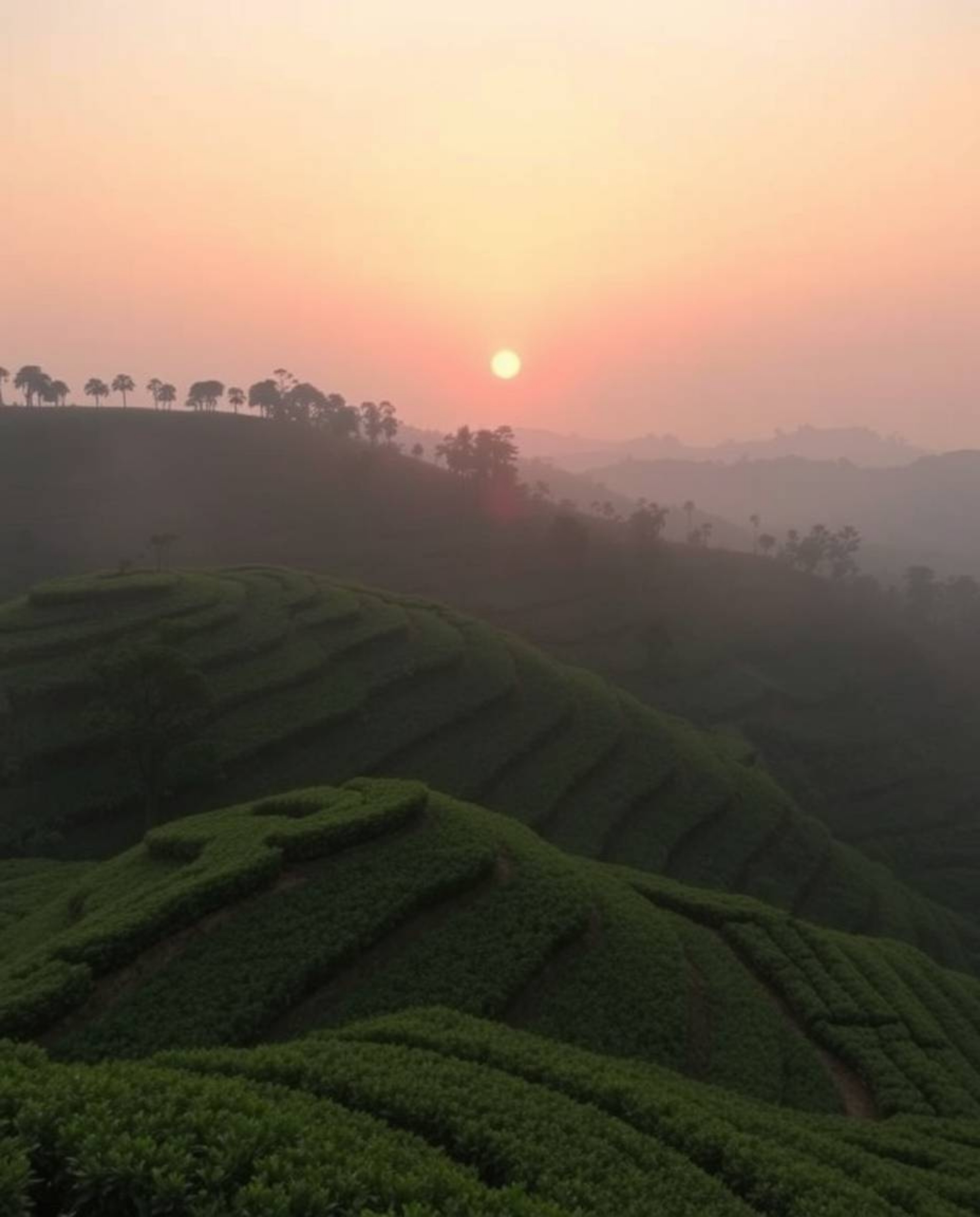 This image captures a beautiful pastel sunset over terraced tea plantations from a striking top-down perspective. The color p