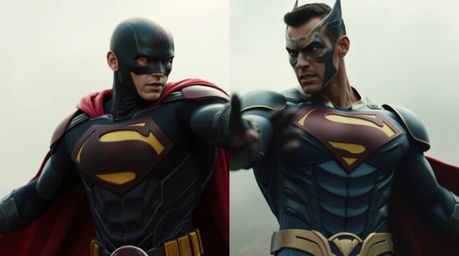 A captivating split-screen image showcases a dramatic superhero battle.  The superhero, cloaked in a cape, confronts a comica