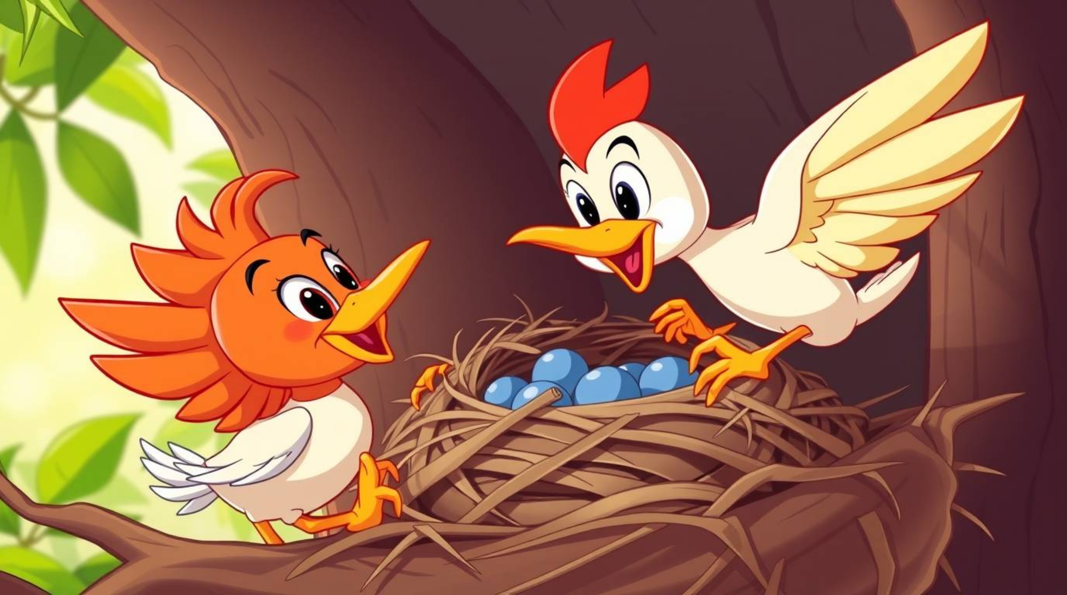 This high-resolution stock photo features two charming cartoon birds diligently building a nest in a classic animation style.