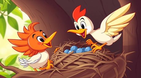 This high-resolution stock photo features two charming cartoon birds diligently building a nest in a classic animation style.