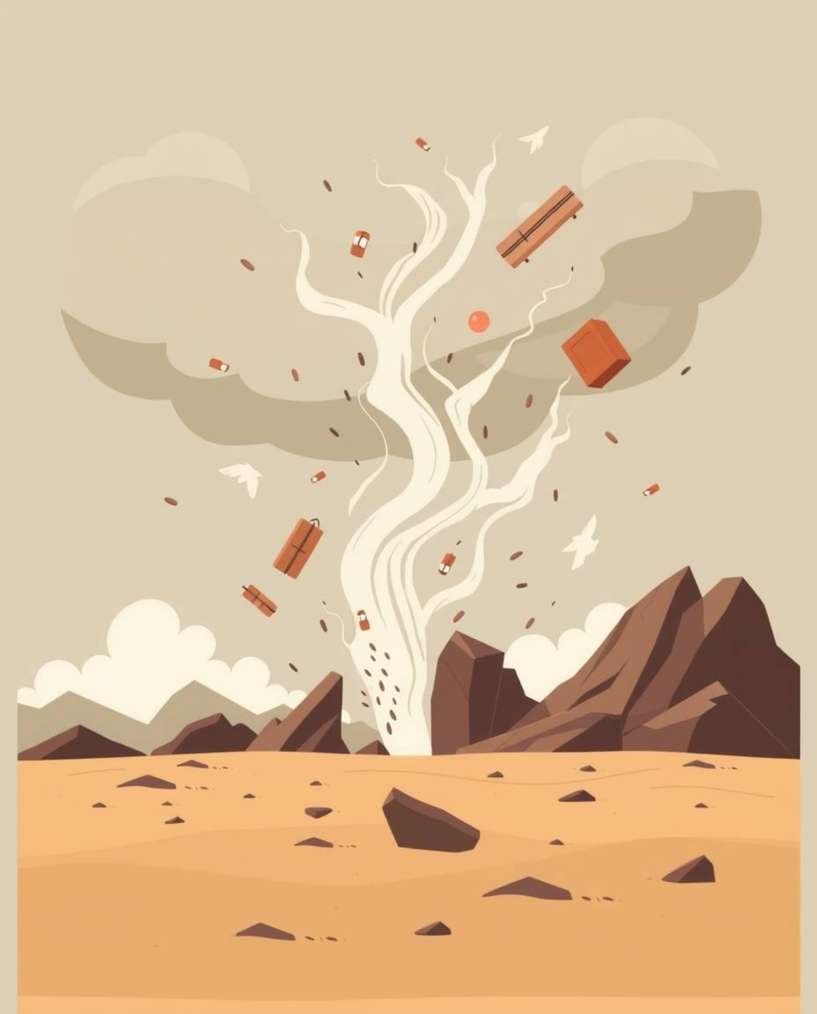 Explore a modern flat design depicting a surreal storm, featuring flying objects and a world with broken gravity. This artwor