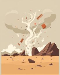 Explore a modern flat design depicting a surreal storm, featuring flying objects and a world with broken gravity. This artwor