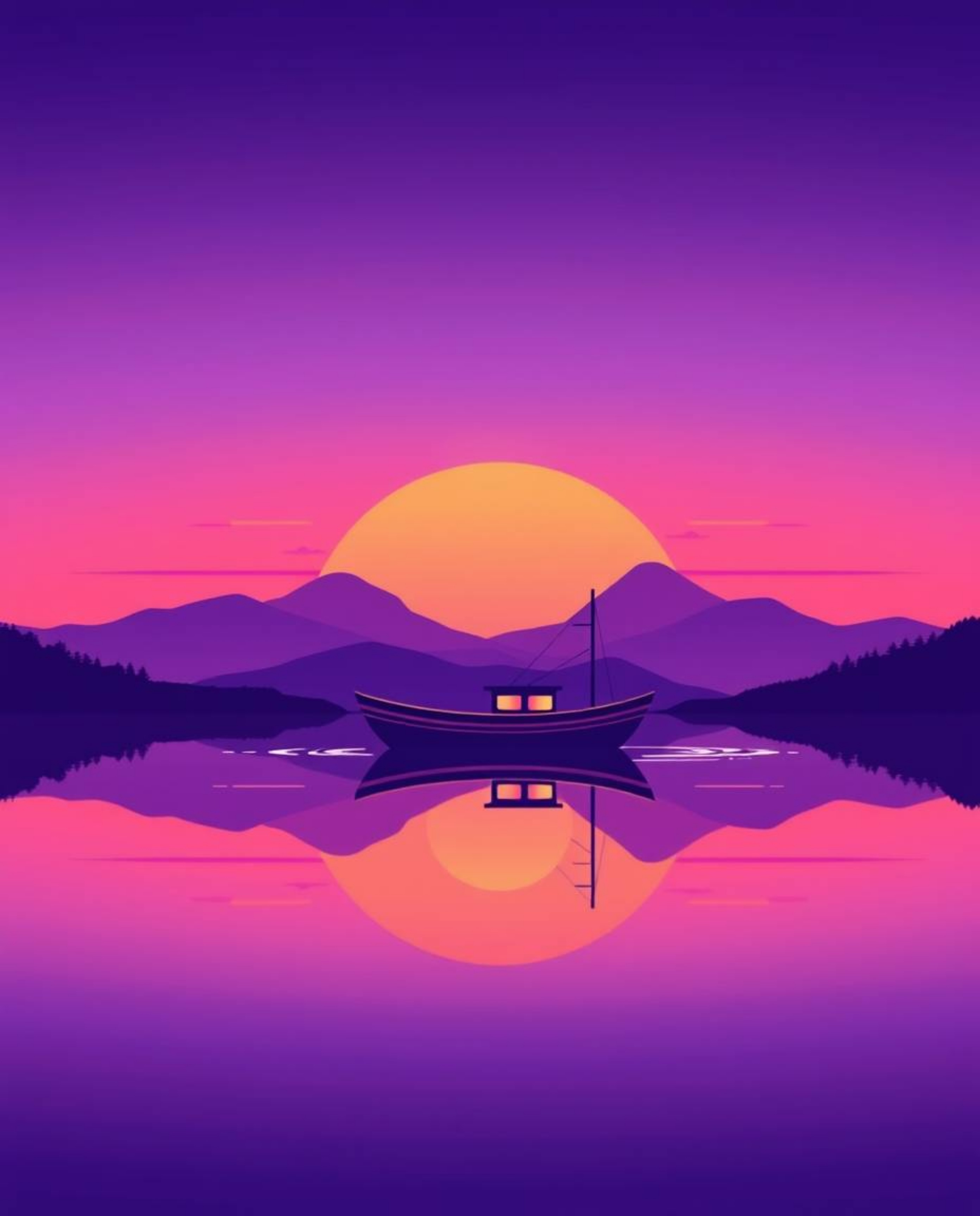 A modern flat design illustration portrays a boat drifting on a sunset lake, rendered in deep ultraviolet hues. The artwork i