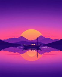 A modern flat design illustration portrays a boat drifting on a sunset lake, rendered in deep ultraviolet hues. The artwork i