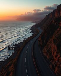 This digital rendering portrays a winding coastal highway at sunset, uniquely depicted with a cast bronze texture and an anti