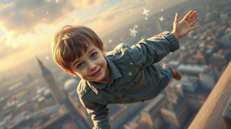 A captivating pastel painting depicts a young boy seemingly floating above London, pixie dust swirling around him.  The high-