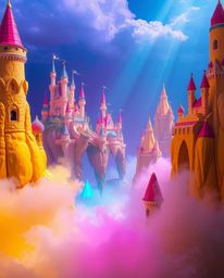 A vibrant and colorful kingdom featuring floating islands and castles, illuminated by volumetric lighting and characterized b