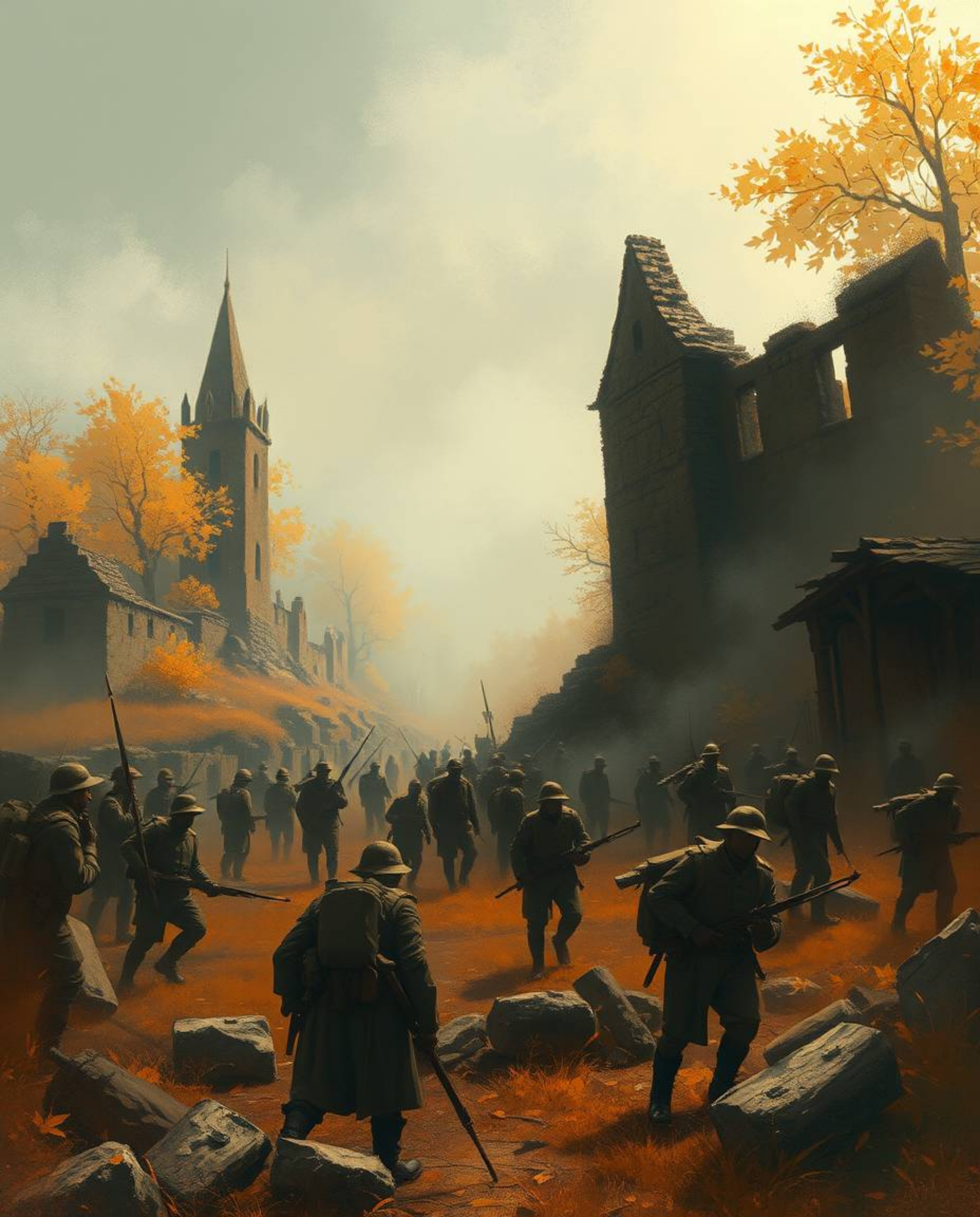 Immerse yourself in a dreamlike battlefield scene, rendered in warm autumn hues and a soft, hazy light. Time-warped soldiers 