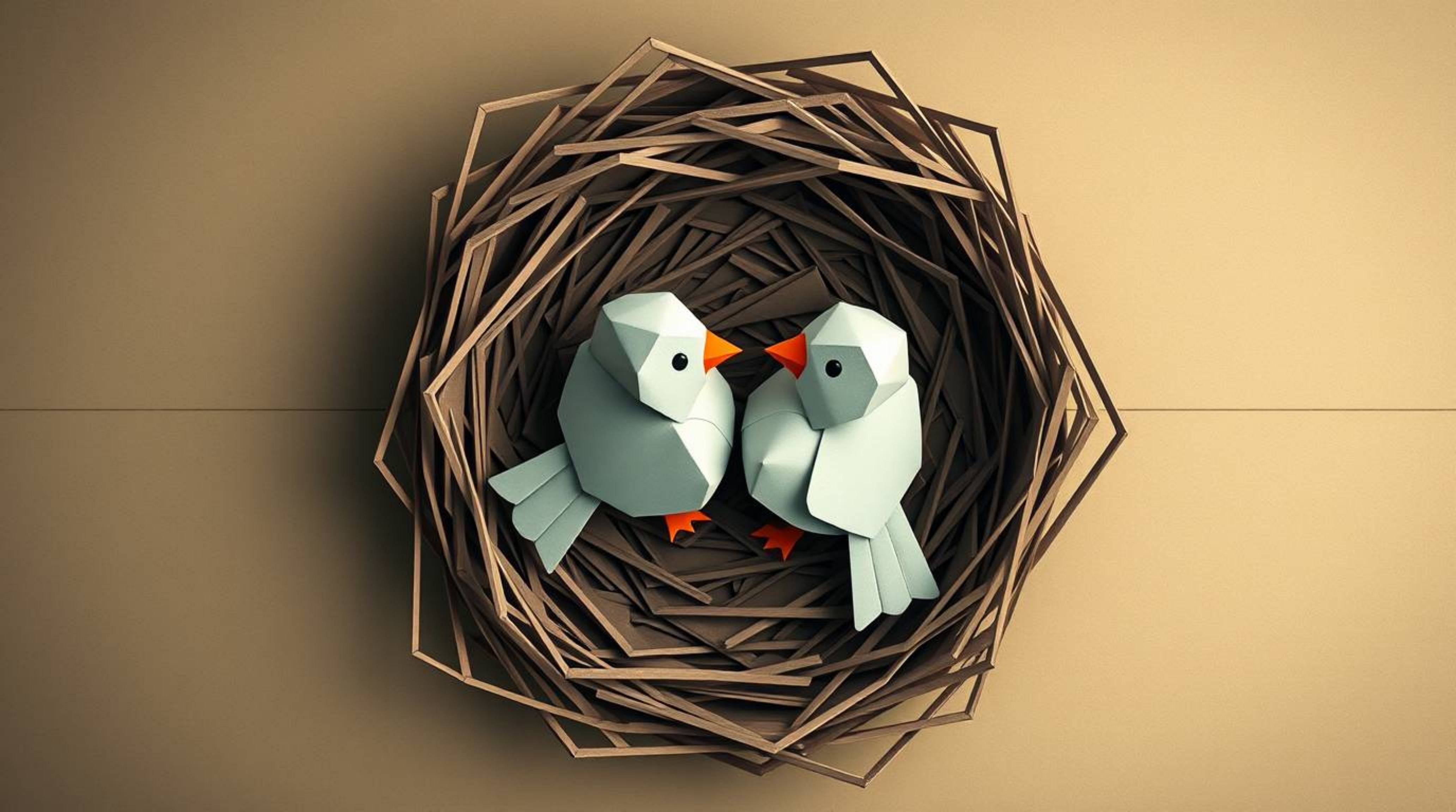 Overhead bird's-eye view of two cartoon birds intricately building a nest in a classic animation aesthetic, rendered in an or