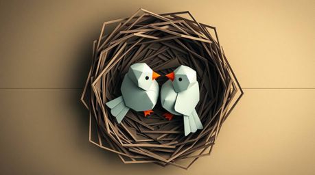Overhead bird's-eye view of two cartoon birds intricately building a nest in a classic animation aesthetic, rendered in an or