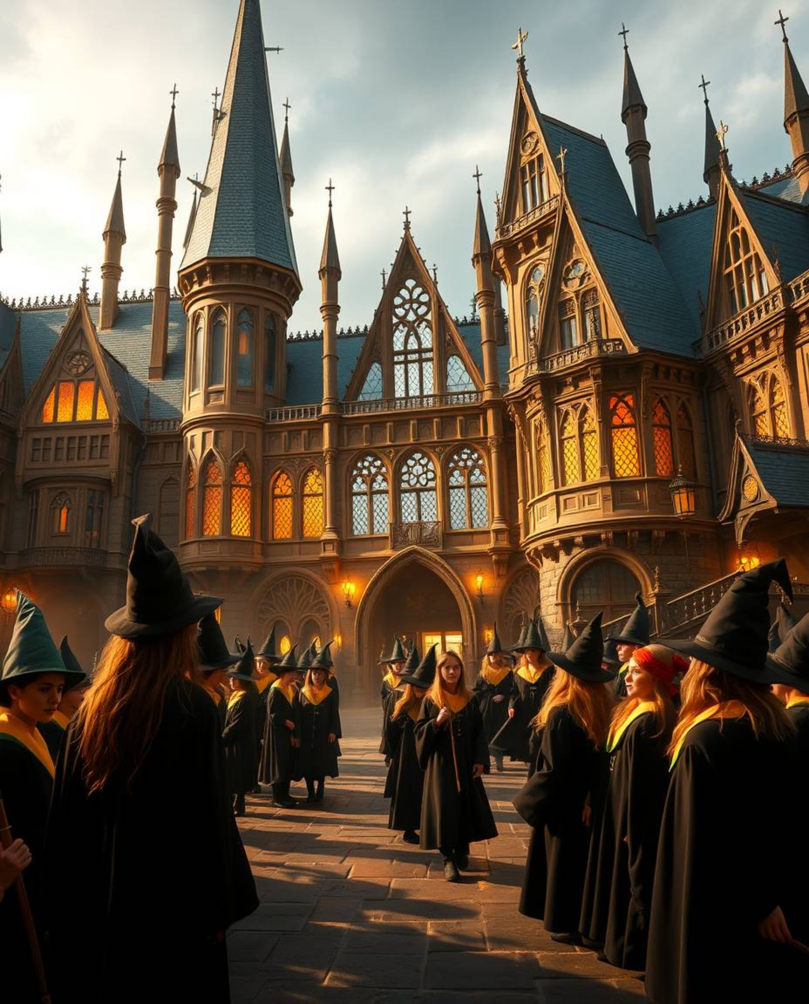 Step into a magical school brimming with young wizards, where grace and elegance meet refined features. Bathed in a warm gold