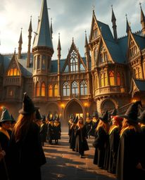Step into a magical school brimming with young wizards, where grace and elegance meet refined features. Bathed in a warm gold