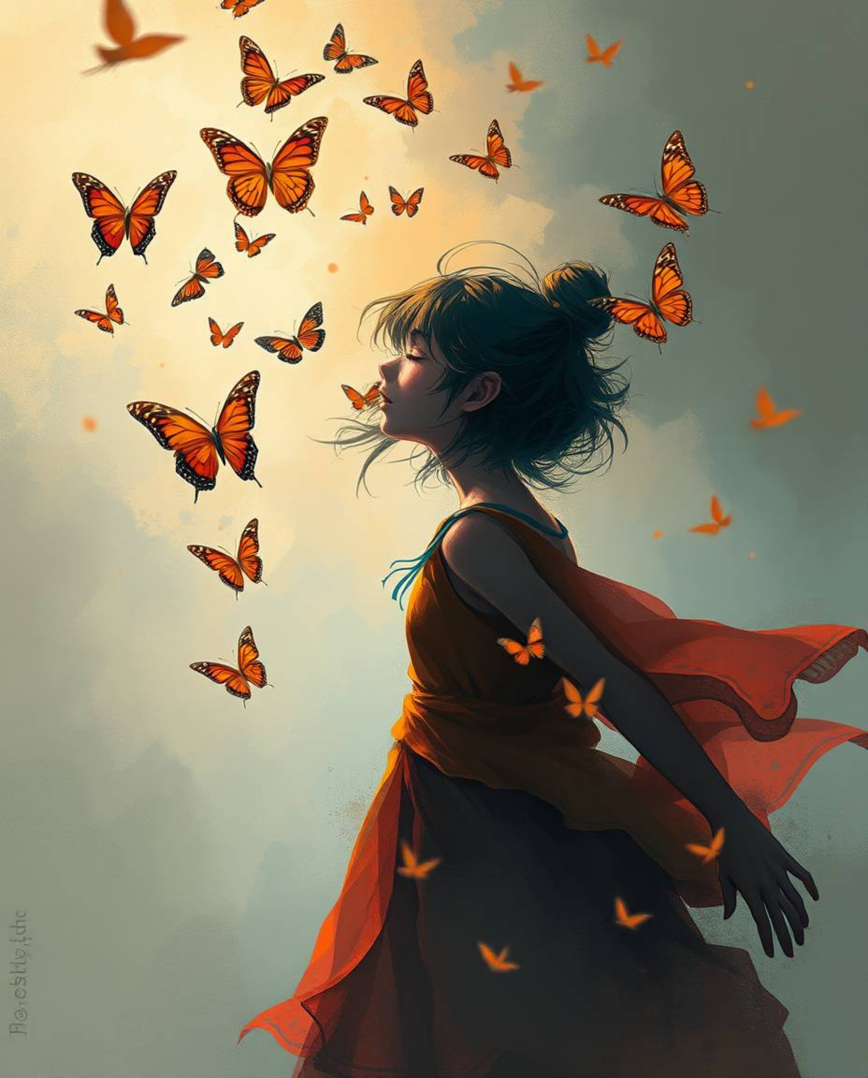 A stunning digital sketch depicting a girl releasing butterflies into the air.  The artwork features complementary epic color
