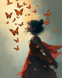 A stunning digital sketch depicting a girl releasing butterflies into the air.  The artwork features complementary epic color